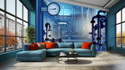 Factory basement with pipes. Engineering room. Basement industrial enterprise. Boiler room. Factory building, view from inside. Pipes from boiler equipment. Interior gas compressor station. 3d image Wall mural