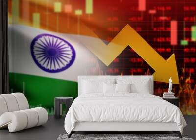 Financial crisis in India. Indian stock exchange crash chart. Flag India. Red quotes symbolize beginning of crisis. Economic collapse. Indian financial market crisis. Recession, inflation. 3d image Wall mural