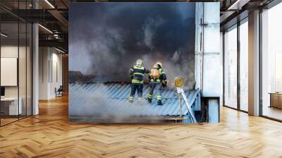 firefighters are standing on roof. Firefighters view from afar. Two employees of fire department. Concept - fighting fire in industrial buildings. Firefighters on background of black smoke. Wall mural