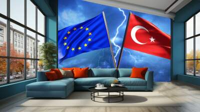 Flags of turkey and European union. State symbols under lightning. Relations between turkey and EU. Political symbol of European union. Turkey integration into EU. Conflict, disagreement. 3d image Wall mural