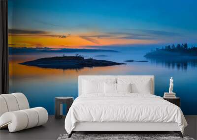 Fog over Lake. Sunrise in the fog. Wild nature of Finland. Islands of stone. Mirror reflection in water. Summer in Finland. Wall mural