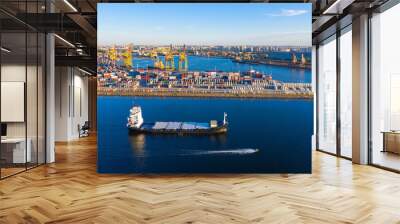 Helsinki. Finland. Barge is sailing a cargo port. Trading port in Helsinki. Cargo delivery to Finland by sea. Barge arrived to load. Imports of goods to Finland. Export and the European Union. Ship Wall mural