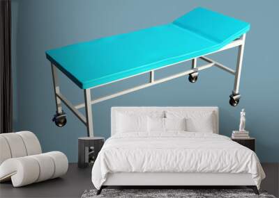 Hospital couch. Couch for hospital patient on wheels. Equipment for city hospital. Visualization of couch for transporting patients. Sick service equipment in clinic. 3d rendering. Wall mural