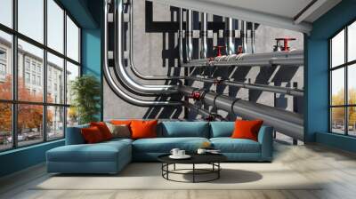 Industrial background. Building wall with pipeline. Chemical Industry Concept. Pipes for transportation of chemicals. Pipeline near concrete wall. Pipes for chemical production waste. 3d rendering. Wall mural