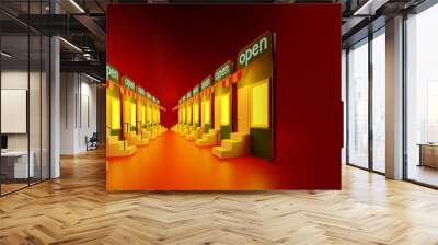 Internet shopping concept. Telephones with shops showcases in two rows. Internet shopping on social media app. Illustration for for promotion digital stores. Internet shopping in mobile app. 3d image Wall mural