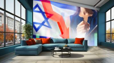 Investments in Israel. Business woman with tablet. Cropped investor near down arrow. Declining investments in Israel. Decrease in income companies Tel Aviv. Investor loses money invested in Israel. Wall mural