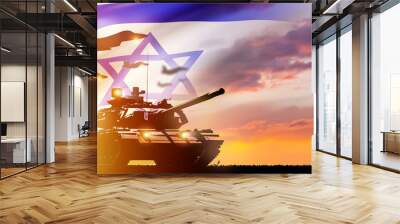 Israeli defense forces at sunset. Tank and military plane with Israeli flag. Israeli armed forces. Army tsahal. Markava tank made in Israel. Armed forces to protect Israel borders. 3d image Wall mural