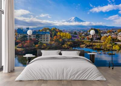 Kawaguchiko Lake. Japan. Mount Fuji. Japanese city on the background of Fuji. Landscape of Kawaguchiko Lake. Mount Fuji against the blue sky. The nature of Japan. Drive to Kawaguchiko Lake. Wall mural