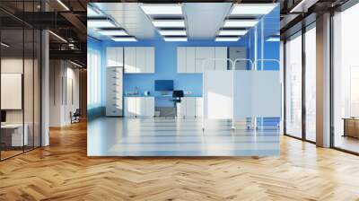 Medical University Laboratory. Empty lab. Workplace of laboratory assistant next to windows. Premises of Medical University with blue walls. Interior with place for researcher near wall. 3d image. Wall mural