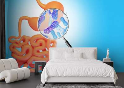 Microflora of gastrointestinal tract. Micro bacteria in stomach. Human intestines on blue background. Magnifying glass with microflora molecules. Caring human body concept. Peoples health. 3d image Wall mural