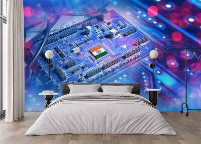 Microprocessor with India flag. Computer chip. PCB close-up. Concept for microprocessor production in India. Digital board being tested. Indian semiconductor industry. Motherboard made in India Wall mural