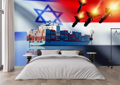 Missile attack on ship. Flags of Israel and Yemen. Assault on ship in red sea. Attack on sea vessel. War between Israel and Yemen. Israeli vessel came under attack. Yemen aggression. Wall mural