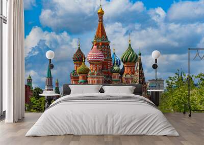 Moscow. Russia. St. Basil's Cathedral on a summer day. Colorful domes of the temple on the background of trees. Red square. Sights capital of Russia. architecture of Moscow. Summer trip to Russia. Wall mural