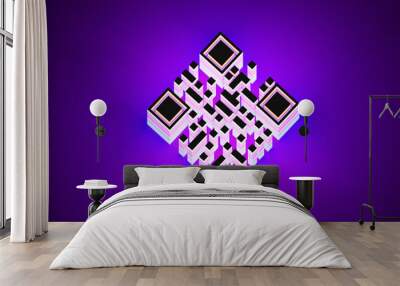 QR technology identification concept. Identification using QR tag. Modern barcode on purple background. Three-dimensional QR code. Glowing matrek barcode. Quick Response code. 3d rendering. Wall mural