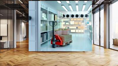 Refrigeration storage. Entrance to freezer chamber at factory. Large cold store. Pallet jack with boxes among racks. Refrigeration warehouse for food production. Industrial storage interior. 3d image Wall mural