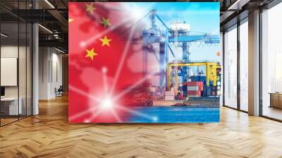 Seaport in China. Harbor for unloading cargo ships. Flag of China. Cranes for unloading sea vessels. Seaport in sunny weather. Ship harbor for merchant fleet. Sea export from China. Wall mural