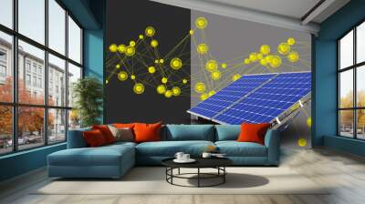 Solar battery. Ecological innovation. Concept study of solar energy. Getting electricity from sunlight traps. Photo of battery to generate energy. Solar molecules next to power plant. 3d image. Wall mural