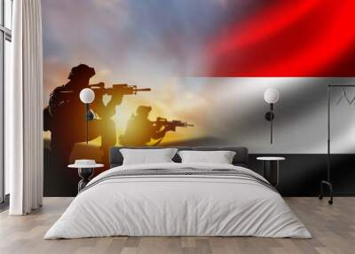 Soldiers with Yemen flag. Silhouettes of fighters at sunset. Yemen army. Military anti-terrorist operation concept. Soldiers state army. Yemen armed forces. Defense and anti-invasion forces. 3d image Wall mural