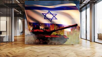 Tank near Israeli flag. Military equipment for war. Concept military operation in gaza sector. Armed conflict in Israel. Israel on fire. Burning tank from Israel for military operations. 3d image Wall mural