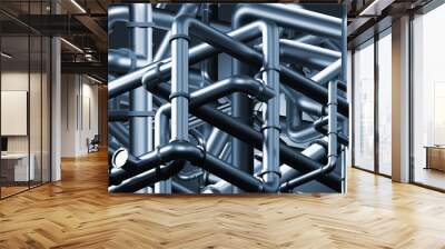 Textura pipes. Intertwining steel pipes Background. Labyrinth of pipes visualization. Background with pipeline. Steel texture with pipeline. Engineering communications background. 3d rendering. Wall mural