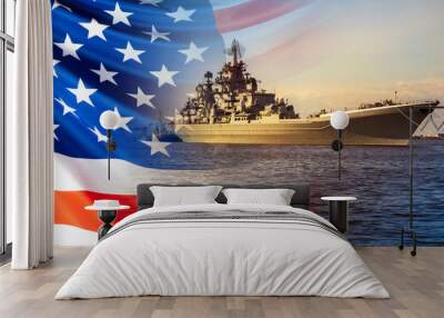 The Navy of the United States of America. Warship on the background of the American flag. Protection of the state's Maritime borders. Participation in armed conflicts on the water. Wall mural