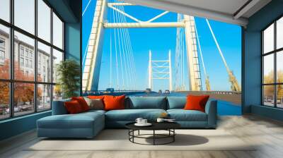 Travelling by car. Highway. Highway over the bridge. Cable bridge Cars move on the highway. Wall mural