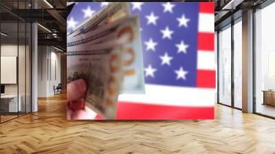 US dollars in hands man. Person takes money out of wallet. Flag of United States. Human pulls out dollars. USD bills near political flag. US national currency. Pay in dollars cash. Art focus Wall mural