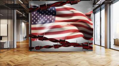 USA flag. American national symbol. Barbed wire near flag. Metaphor for sanctions or arrest. Concept of state border in USA. US sanctions. United states of America politics. 3d image Wall mural