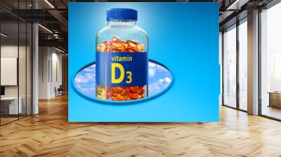 Vitamin D3. Bottle of fish oil tablets. Biologically active additives. D3 to improve immunity. Vitamin D to get rid of diseases. Sitocalciferol substance. Omega 3 capsules. 3d image Wall mural