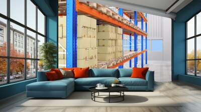 Warehouse logistics center. Parcels on warehouse shelves. Metal racks with courier boxes. Premises of logistics center. Wooden pallets with parcels on racks. Warehouse courier service. 3d image Wall mural