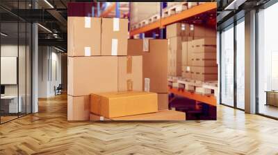 Warehouse with boxes. Courier company storage. Storage area of an industrial enterprise. Pile of cardboard boxes in warehouse. Parcels are sealed with tape. Room with multi-tiered warehouse racks. Wall mural