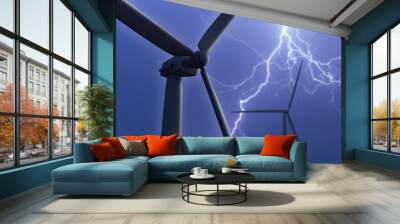 Wind turbines. Thunderstorm over windmills. Eco power station. Storm over wind turbines. Clean electricity generators. Lightning damages wind turbines. Problems concept for green energy. 3d image Wall mural