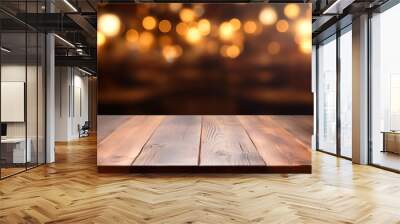 Wooden street table in evening city. Table made of boards with bokeh lights. Evening background with wood surface Wall mural