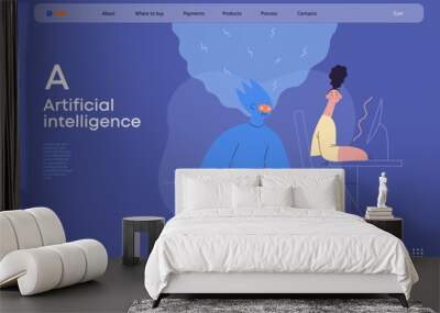 Artificial intelligence, office work -modern flat vector concept illustration of AI effectively working at the desk and surprised human. Metaphor of AI advantage, superiority and dominance concept Wall mural