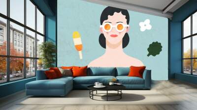 Beautiful people portrait - hand drawn flat style vector design concept illustration of a young brunette woman wearing orange glasses, face and shoulders avatar with texture. Flat style vector icon Wall mural