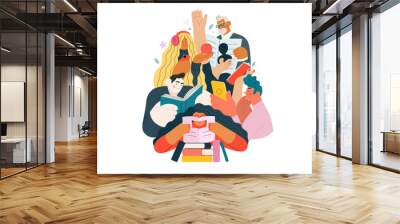 Books graphics -book week events. Modern flat vector concept illustrations of reading people - a group of men and women reading and sharing books and e-books on tablets sitting surrounded by plants Wall mural