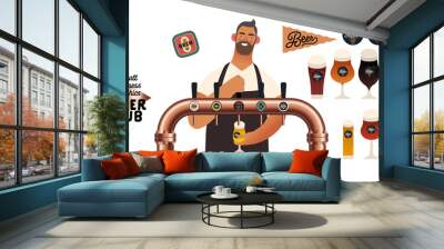 Brewery, craft beer pub -small business graphics -male visitor at the bar countera bartender-modern flat vector concept illustrations -young man pouring beer from the beer tower. Pub elements Wall mural