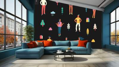 Bright people portraits pattern - young men and women - set of various posing people in fashion colors -standing with arms akimbo, crossed arms, whirling couple holding their hands, concept characters Wall mural