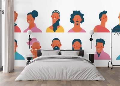 Bright people portraits set - hand drawn flat style vector design concept illustration of young men and women, male and female faces and shoulders avatars. Flat style vector icons set Wall mural