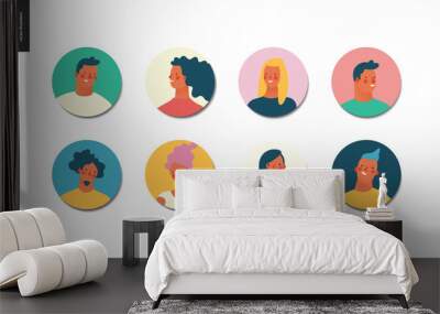 Bright people portraits set - hand drawn flat style vector design concept illustration of young men and women, male and female faces avatars. Flat style vector round icons set Wall mural