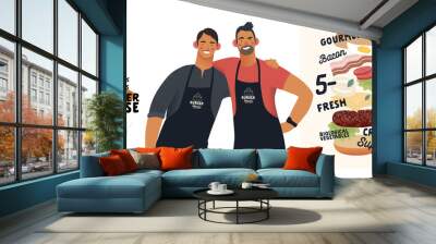 Burger house -small business graphics - owners -modern flat vector concept illustrations -two young men wearing branded aprons standing embraced, cheeseburger exploded view poster Wall mural