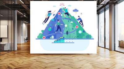 Business series, color 1- career -modern flat vector illustration concept of career - people climbing the mountain. Climbing up the career ladder process metaphor Creative landing page design template Wall mural