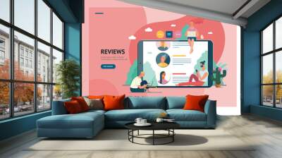 Business series, color 1 - reviews -modern flat vector illustration concept of people writing reviews and the review page on the tablet screen. Creative landing page or company product design template Wall mural