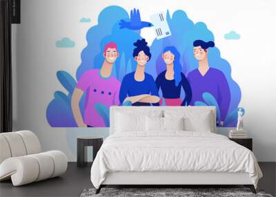 Business series, color 2- about company, contact -modern flat vector concept illustration of a company employees posing together. Business workflow management. Creative landing page design template Wall mural