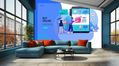 Business series, color 2 - buy online shop - modern flat vector illustration concept of man and woman shopping online Website interaction and purchasing process. Creative landing page design template Wall mural