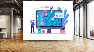 Business series, color 2 - where to buy - modern flat vector concept illustration of map, marked shops, computer screen Selling interaction and purchasing process Creative landing page design template Wall mural