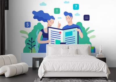 Business series, color 3 - articles - modern flat vector illustration concept of man and woman reading article on the folded computer screen like a magazine. Creative landing page design template Wall mural