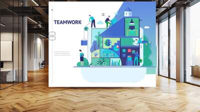 Business series, color 3 -company, teamwork, collaboration -modern flat vector illustration concept of people constructing a company Business workflow management. Creative landing page design template Wall mural