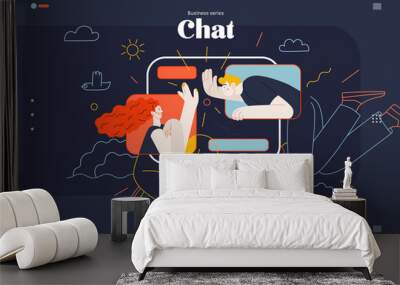 Business topics - chat, web template. Flat style modern outlined vector concept illustration. Tablet screen with messages of chatting couple - young man and woman. Business metaphor. Wall mural