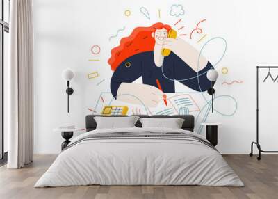 Business topics - client calls. Flat style modern outlined vector concept illustration. A red-haired woman talking to a client by the phone at the office desk. Business metaphor. Wall mural